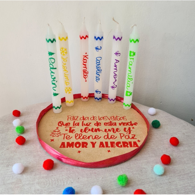 6 velas personalizadas base de madera