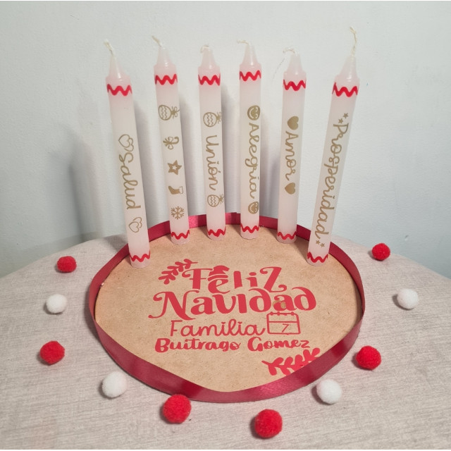 6 velas personalizadas base de madera