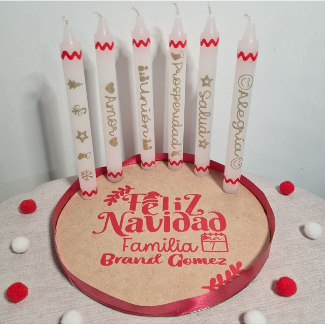 6 velas personalizadas base de madera