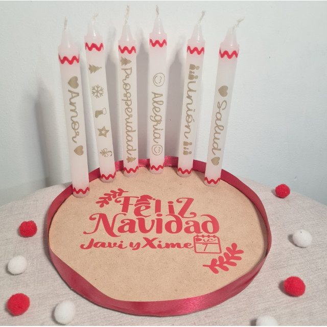 6 velas personalizadas base de madera