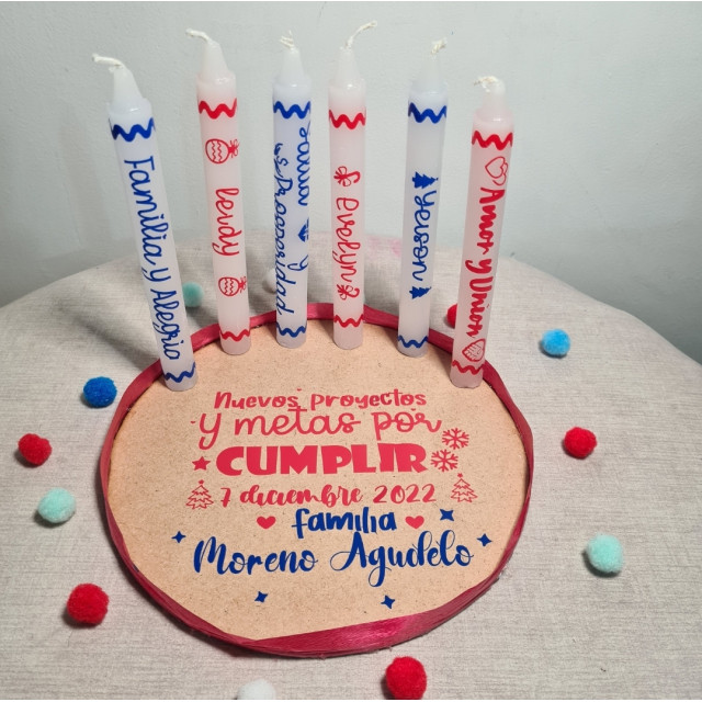 6 velas personalizadas base de madera