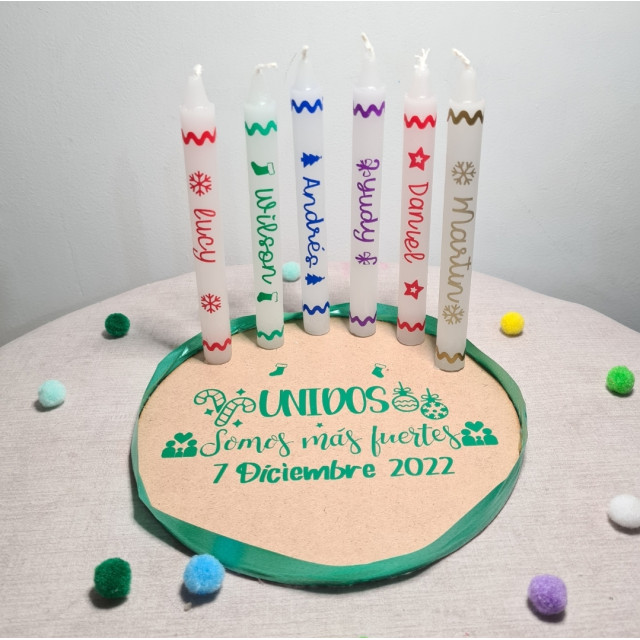 6 velas personalizadas base de madera