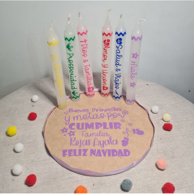 6 velas personalizadas base de madera