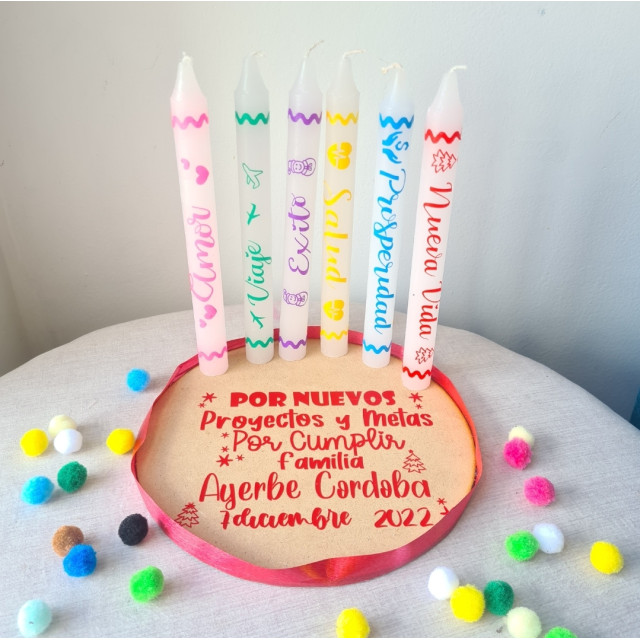 6 velas personalizadas base de madera