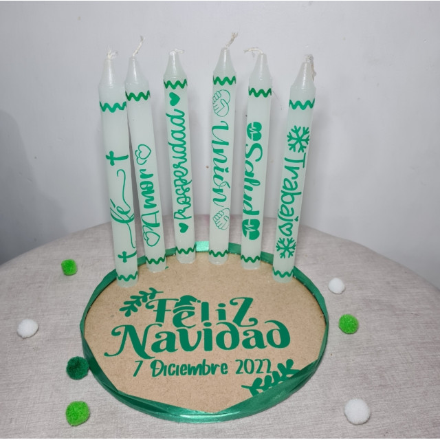 6 velas personalizadas base de madera